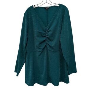 ✨ Lane Bryant Womens 22/24 Teal Metallic Ruched V Neck Long Sleeve Tunic Top